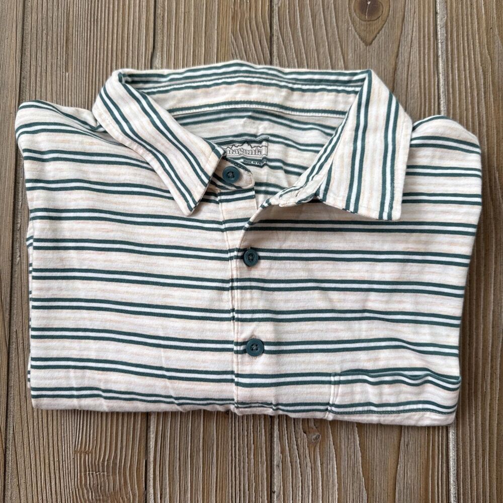 Patagonia Organic Cotton Polo Shirt Beige Green White Striped Men’s - 2XL